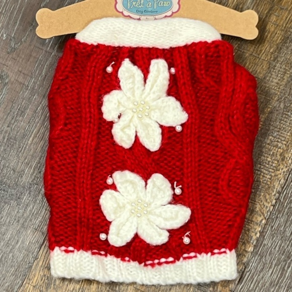 Jabara - ‘Red Pearls & Flowers’ dog sweater. SZ: Small. NWT
